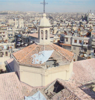 St. Francis Church, Aleppo, with the dome demolished by a missile.