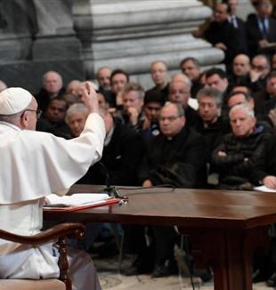 Pope Francis addresses priests of the Diocese of Rome during a meeting at the Basilica of St. John Lateran in Rome March 2. (CNS photo/L'Osservatore Romano, handout) See POPE-ROME-PRIESTS March 2, 2017.