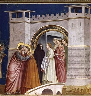 Scenes from the Life of Joachim: 6. Meeting at the Golden Gate by Giotto. Via Wikimedia Commons