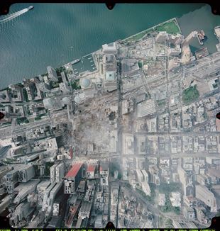 Aerial view of the World Trade Center site in September 2001. Wikimedia Commons