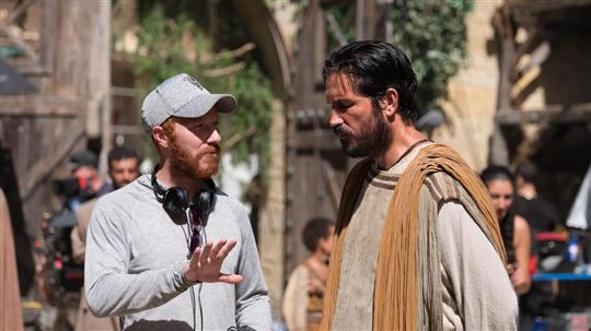 Director Andrew Hyatt with Jim Caviezel on the set of “Paul, apostle of Christ”