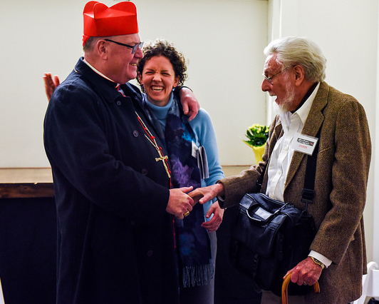 (L-R) Cardinal Dolan, Dr. Laracy and Cornell meet backstage before the event. Photo by Patrycja Janowski