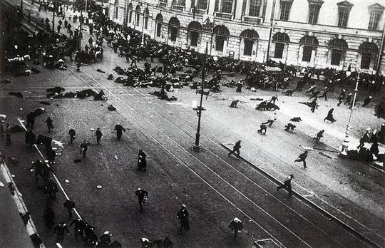 Petrograd street demonstration on Nevsky Prospekt after Provisional Government troops opened fire with machine guns. Photo by Viktor Bulla via Wikimedia Commons