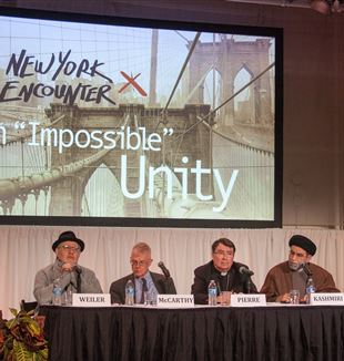 (L-R) Joseph Weiler, John McCarthy, Cristophe Pierre and Sayyid Mohammad Baqir al-Kashmiri at the New York Encounter. Photo by Nick Erickson 
