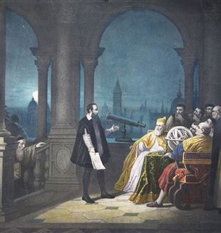  Galileo Galilei displaying his telescope to Leonardo Donato. Wikimedia Commons