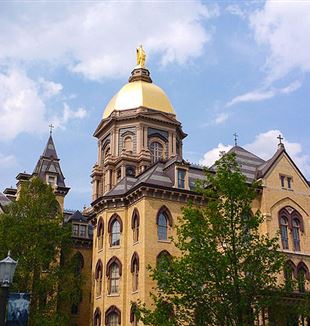 The Main Building, Golden Dome, at the University of Notre Dame in Notre Dame, Indiana. Photo by Matthew Rice via Wikimedia Commons. 