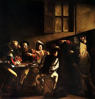 "The Calling of Saint Matthew" by Michelangelo Merisi da Caravaggio. Via Wikimedia Commons