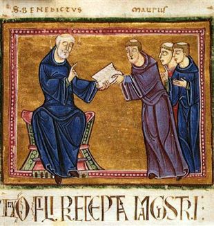 St. Benedict delivering his rule to the monks of his order. Via Wikimedia Commons