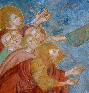 "Christ and the Apostles." Detail from the frescoes with Episodes from the Life of Christ, Church of Santa Margherita (c. 13th century), Laggio di Cadore, Belluno, Italy. 