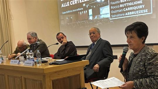 From the left, Fausto Bertinotti, Rocco Buttiglione, Brother Luca Bianchi, Guzman Carriquiry and Emilia Guarnieri.