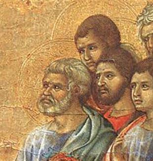 Duccio di Buoninsegna, detail of the apostles "Appearance on the mountain in Galilee""