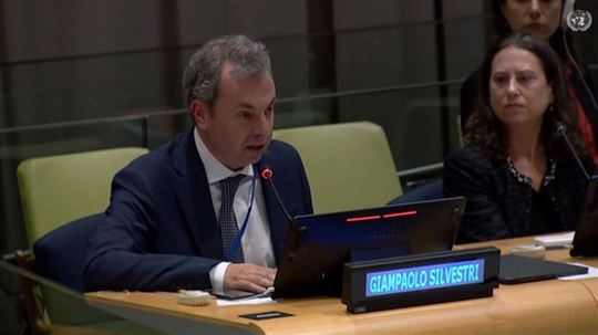 Giampaolo Silvestri during his speech at the United Nations, February 22, 2023.