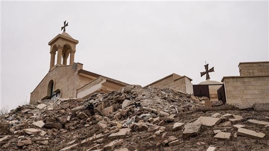 The ruins of the Chaldean monastery of Mar Gorgis devastated during the Isis occupation in Mosul, Iraq (Ansa-Dpa/Ismael Adnan)