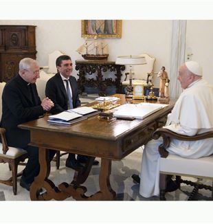 Monsignor Filippo Santoro and Davide Prosperi with Pope Francis in a private audience on January 15, 2024 (Vatican Media/Catholic Press Photo)